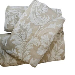 Bundle of 3 table cloths, tan/white floral design. 1 banquet,  2 square.